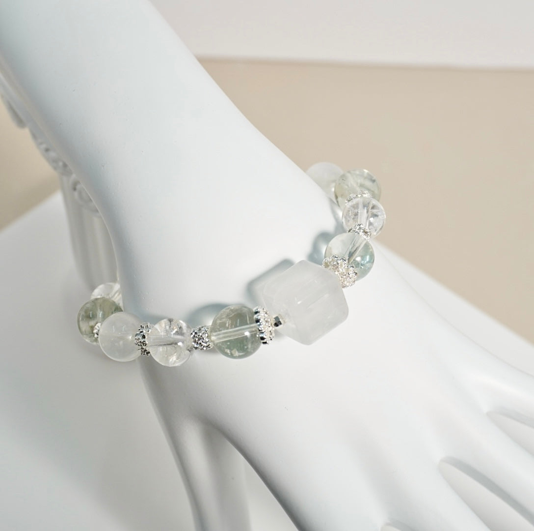 Prasiolite, White Azeztulite, Moonstone, White Phantom Quartz Crystal Bracelet