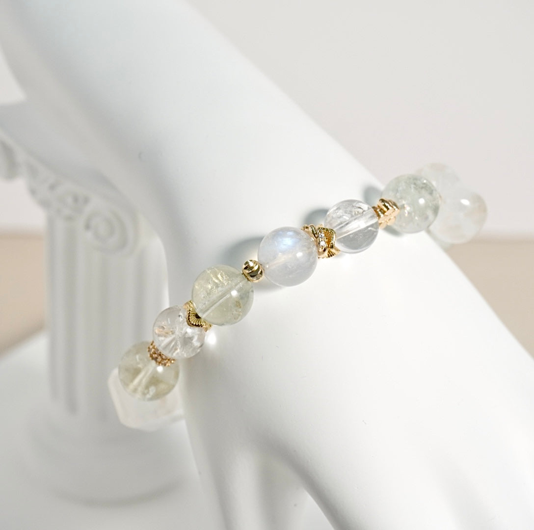 Prasiolite, White Azeztulite, Moonstone, White Phantom Quartz Crystal Bracelet
