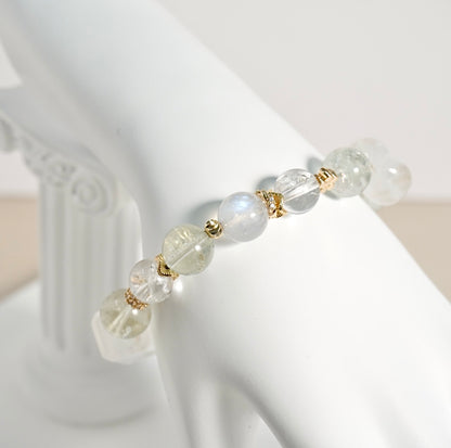 Prasiolite, White Azeztulite, Moonstone, White Phantom Quartz Crystal Bracelet