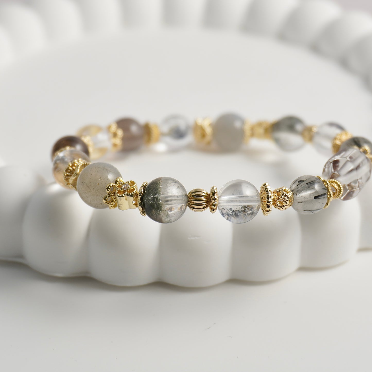 Protection, Clarity & Strength | Phantom Quartz, Black Rutilated Quartz, Herkimer Diamond & Clear Quartz Crystal Bracelet