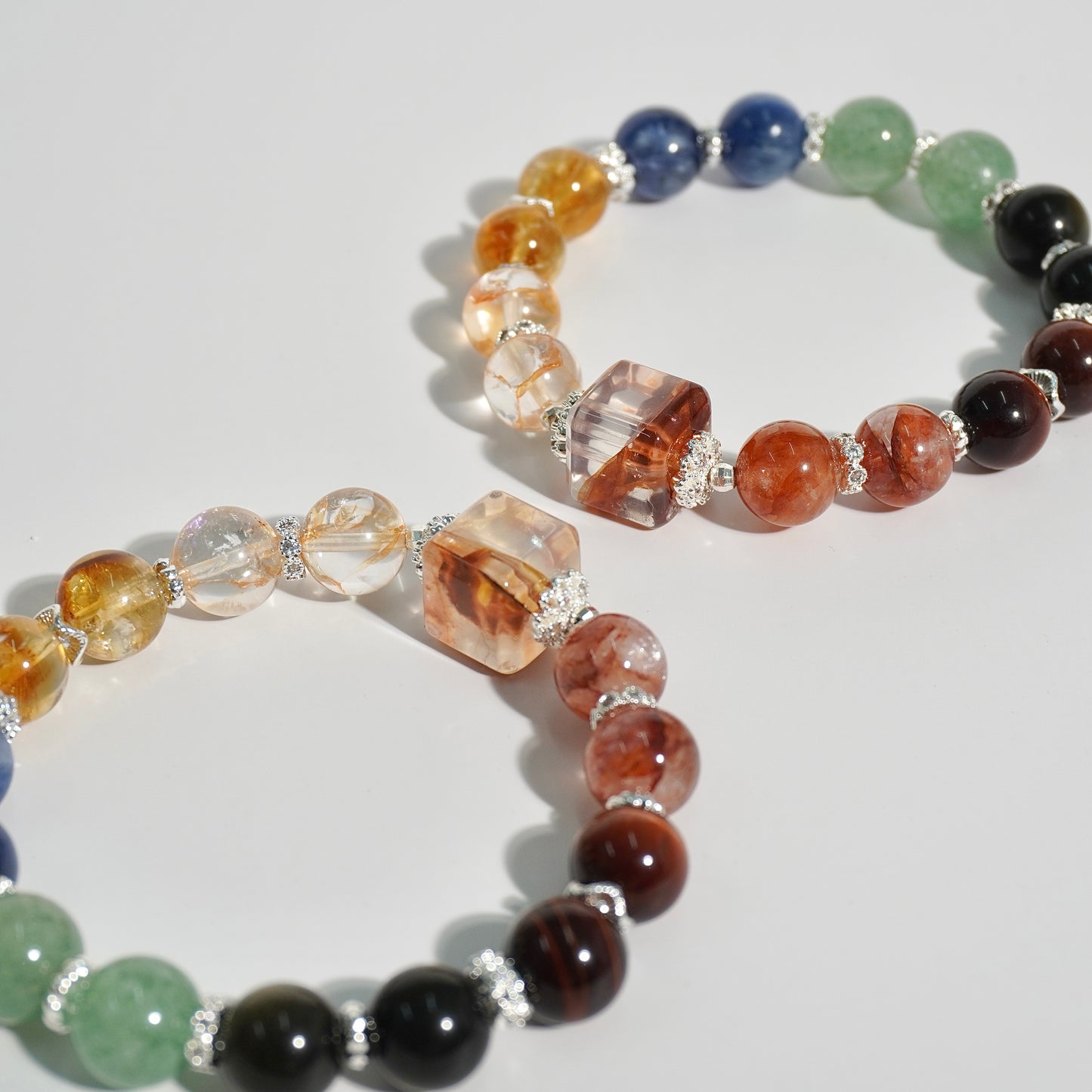 Hematoid Quartz, Honey Citrine, Kyanite, Green Strawberry Quartz, Gold Obsidian & Red Tiger’s Eye Crystal Bracelet
