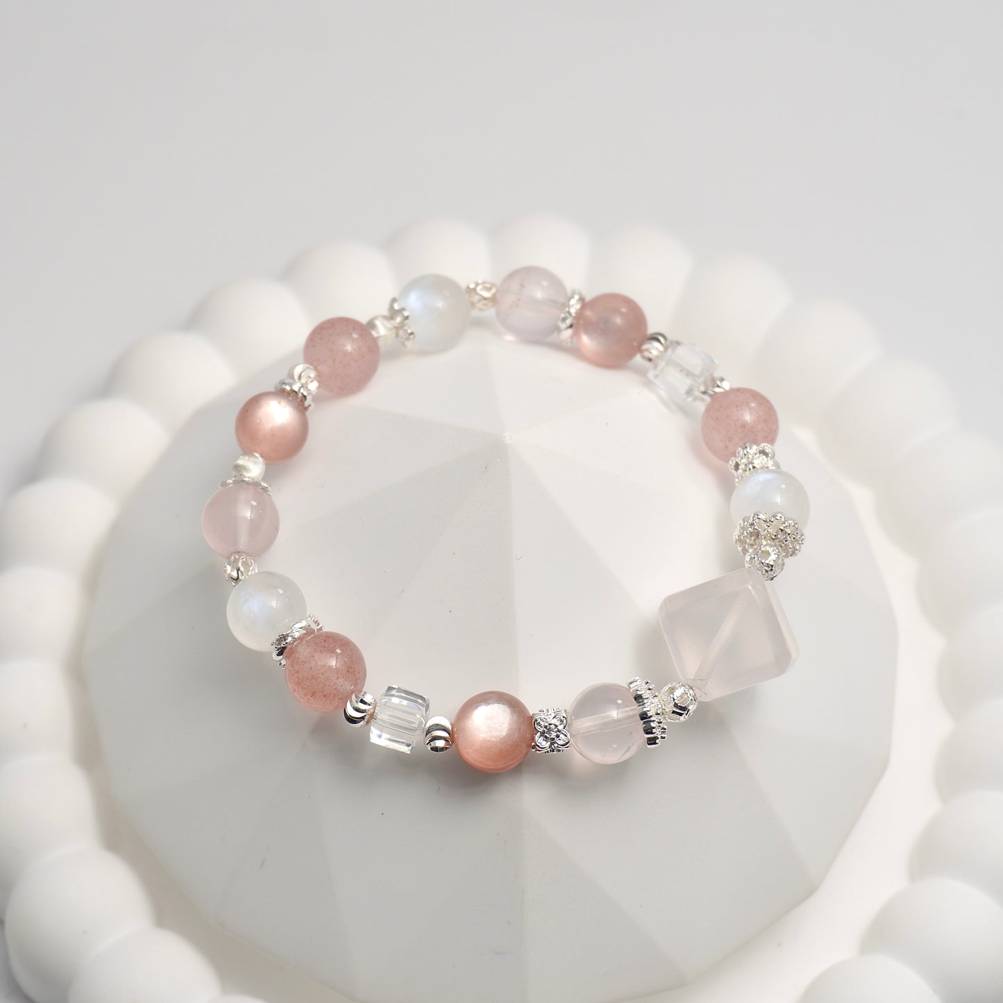 Rose Quartz, Moonstone, Strawberry Quartz, Clear Quartz, Pink Lepidolite Crystal Bracelet