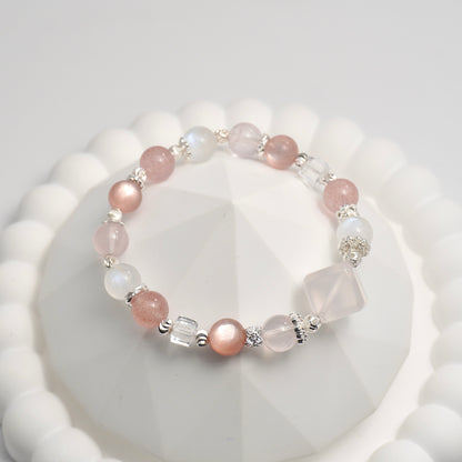Rose Quartz, Moonstone, Strawberry Quartz, Clear Quartz, Pink Lepidolite Crystal Bracelet