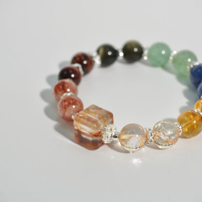 Hematoid Quartz, Honey Citrine, Kyanite, Green Strawberry Quartz, Gold Obsidian & Red Tiger’s Eye Crystal Bracelet