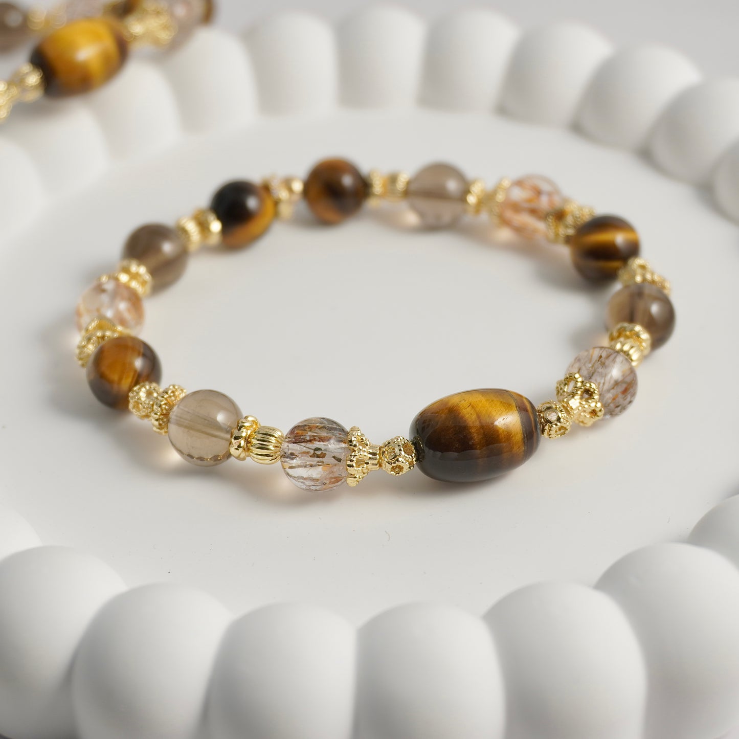 Yellow Tiger’s Eye, Black Gold Super 7 & Smoky Quartz Crystal Bracelet