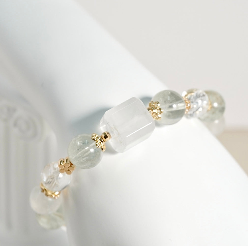 Prasiolite, White Azeztulite, Moonstone, White Phantom Quartz Crystal Bracelet