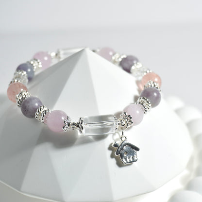 Clear Quartz, Kunzite, Purple Mica & Strawberry Quartz Crystal Bracelet