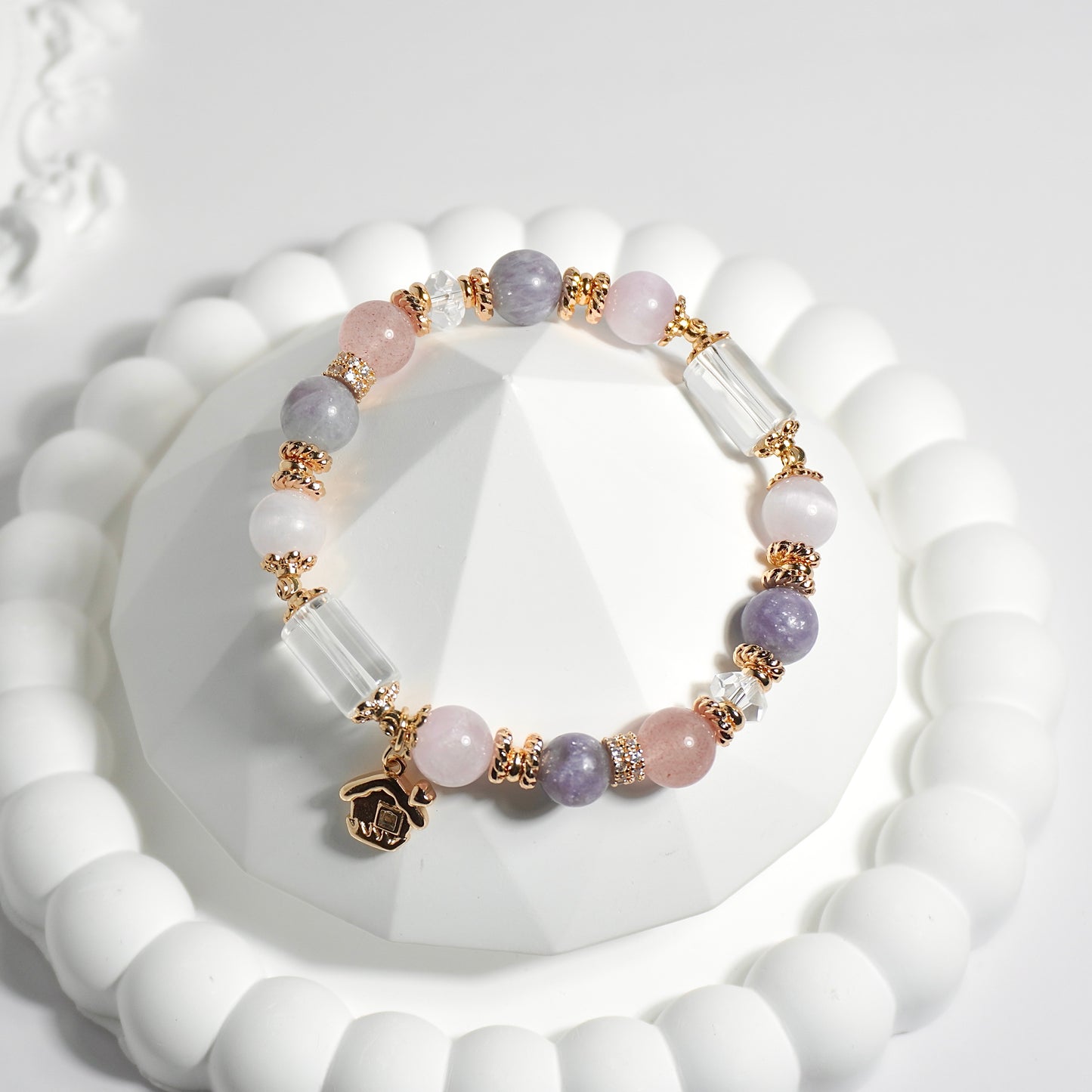 Clear Quartz, Kunzite, Purple Mica & Strawberry Quartz Crystal Bracelet