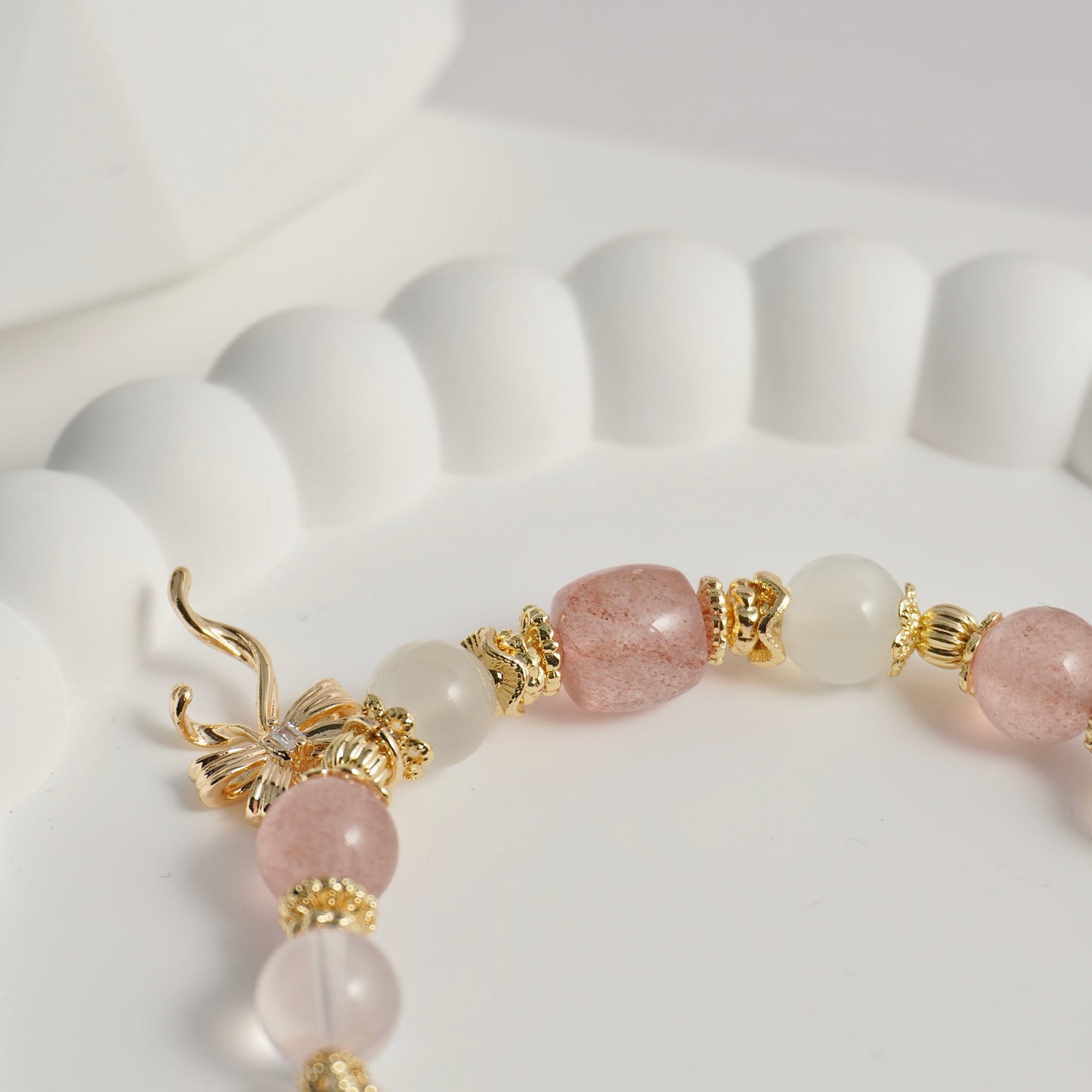 White Phantom Quartz, Strawberry Quartz, White Moonstone, Clear Quartz & Rose Quartz Crystal Bracelet
