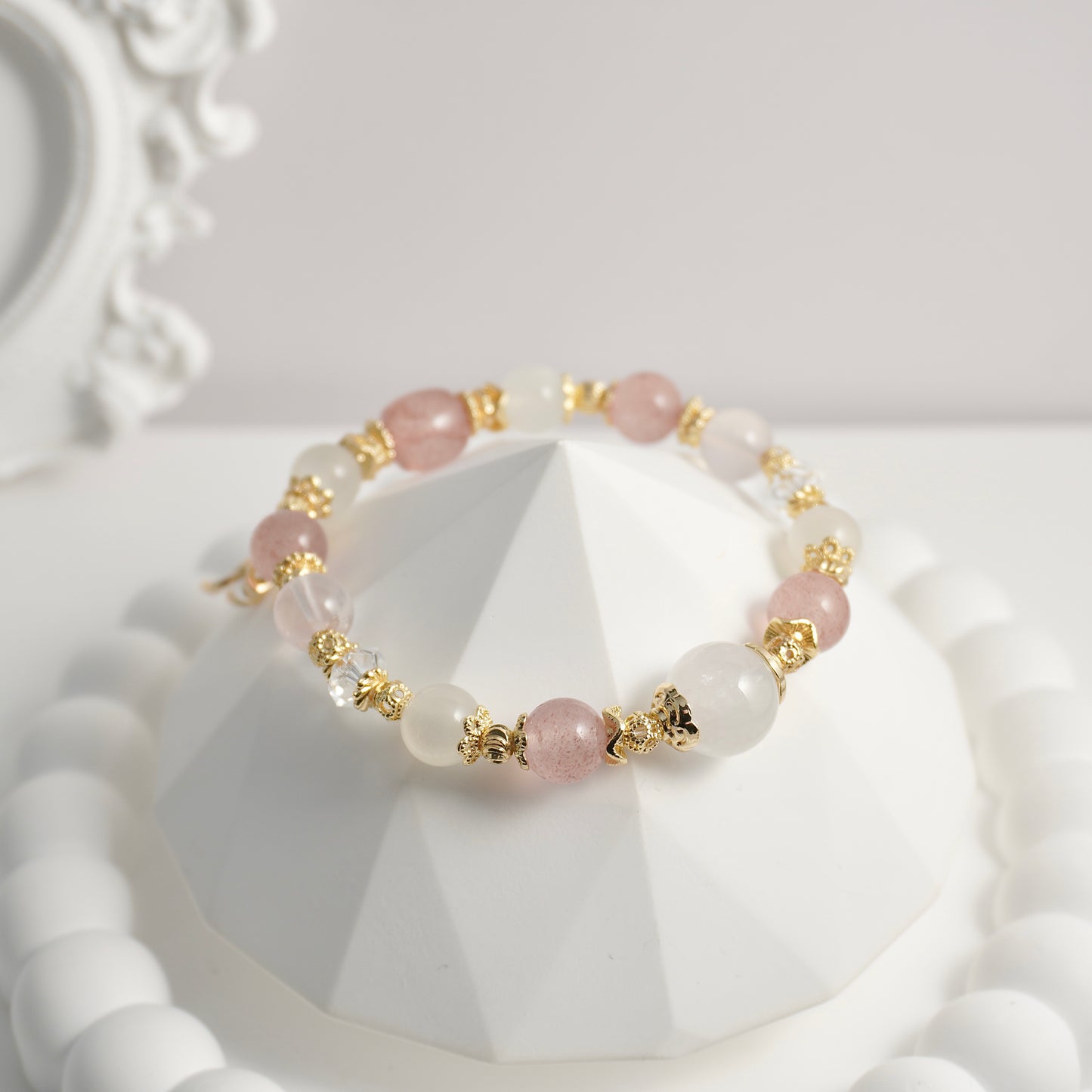 White Phantom Quartz, Strawberry Quartz, White Moonstone, Clear Quartz & Rose Quartz Crystal Bracelet
