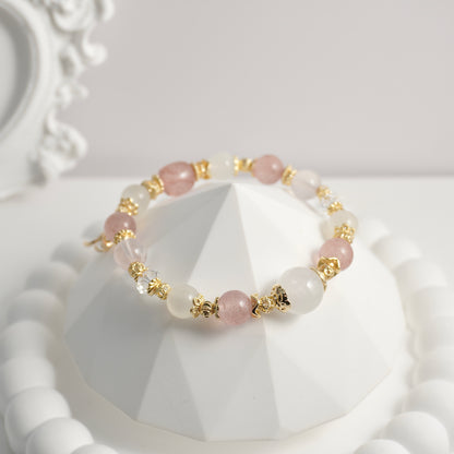 White Phantom Quartz, Strawberry Quartz, White Moonstone, Clear Quartz & Rose Quartz Crystal Bracelet