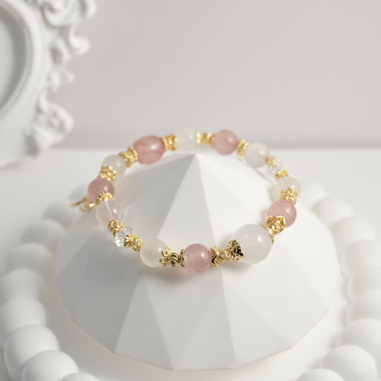 White Phantom Quartz, Strawberry Quartz, White Moonstone, Clear Quartz & Rose Quartz Crystal Bracelet
