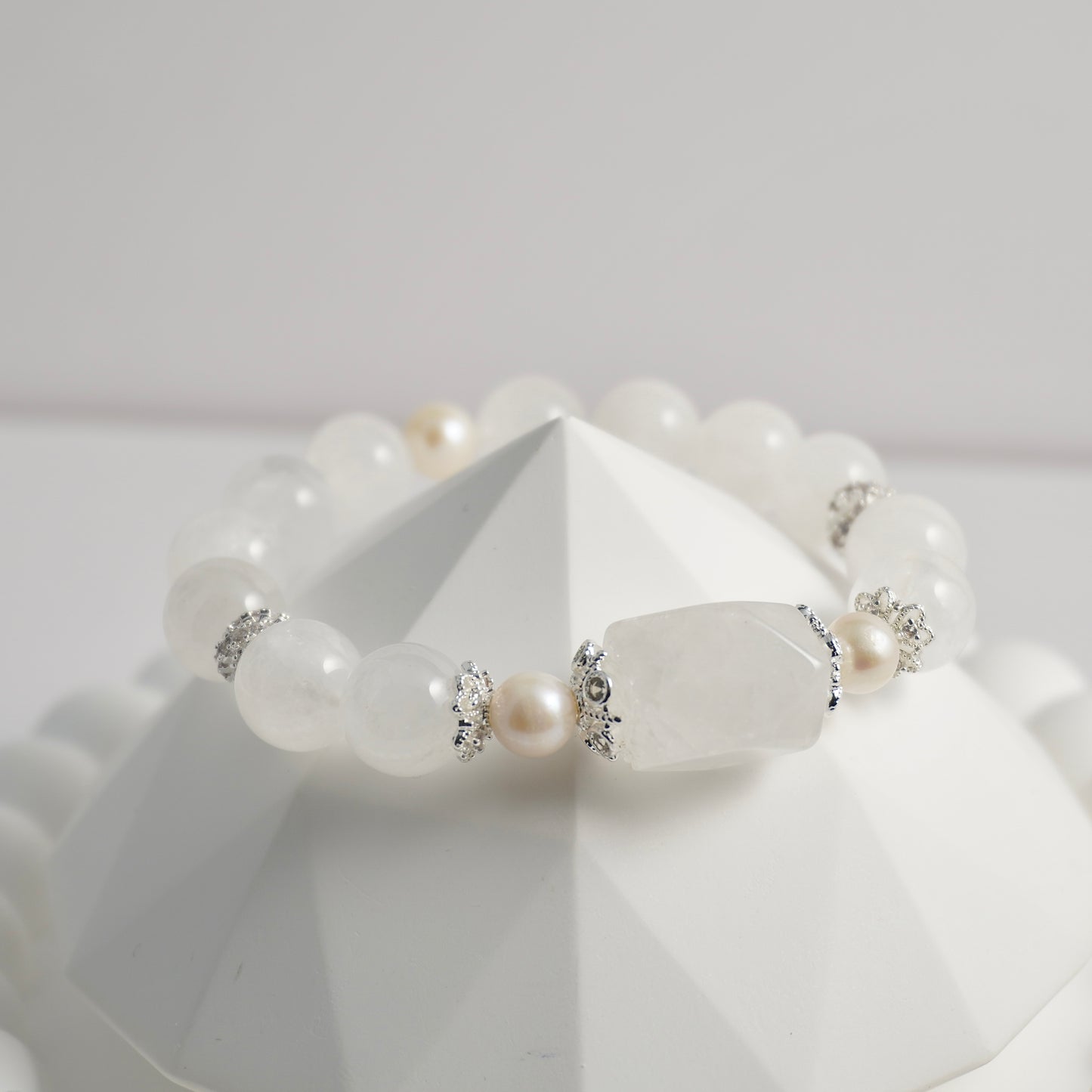 White Phantom Quartz & Freshwater Pearl Crystal Bracelet