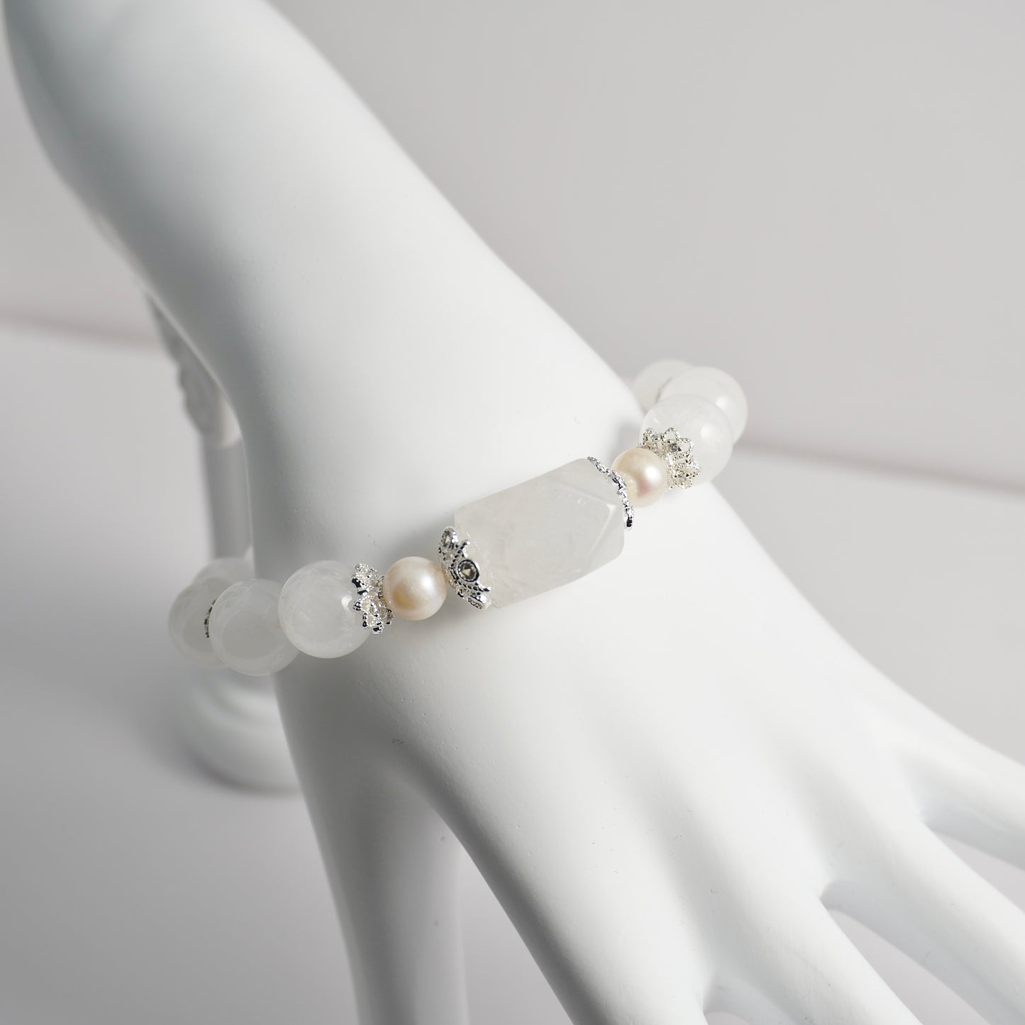 White Phantom Quartz & Freshwater Pearl Crystal Bracelet