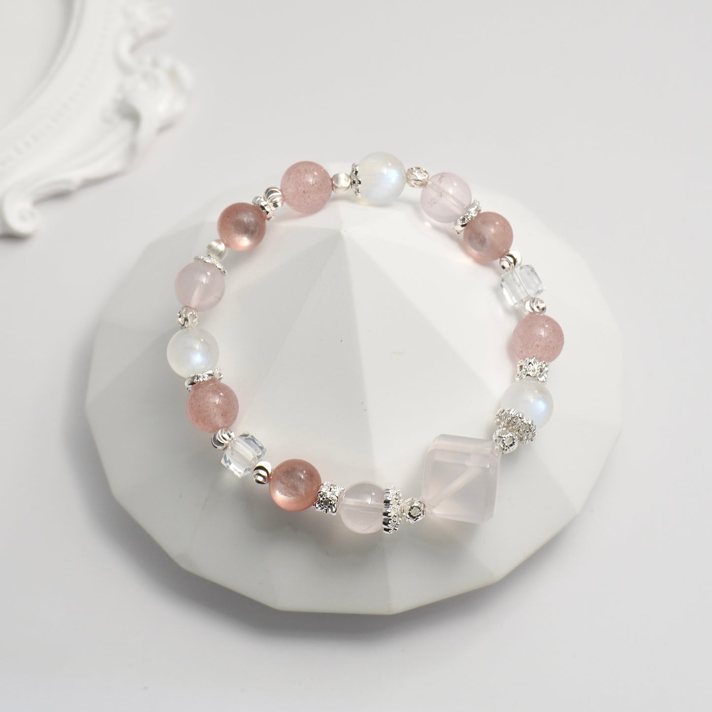 Rose Quartz, Moonstone, Strawberry Quartz, Clear Quartz, Pink Lepidolite Crystal Bracelet