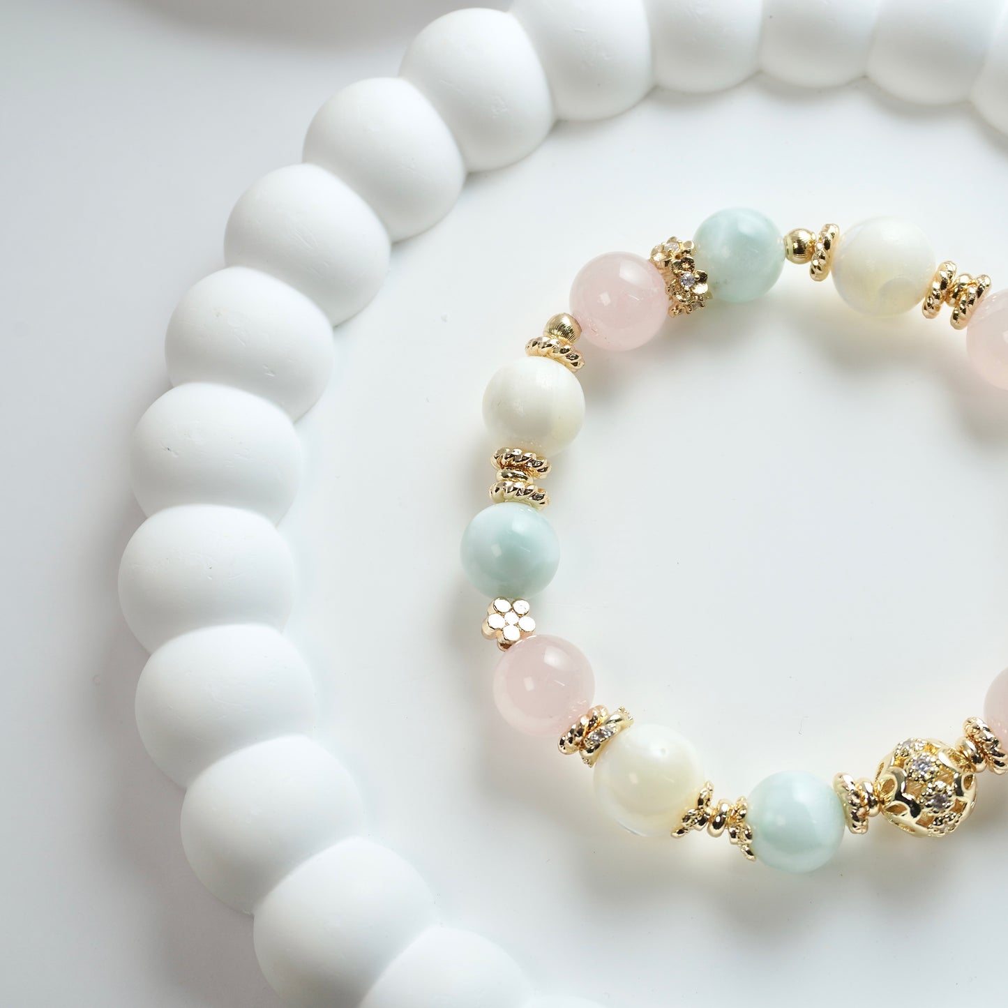 Harmony & Calmness | Rose Quartz, Shell bead & Green Angel Larimar Crystal Bracelet