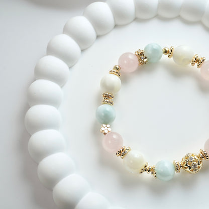 Harmony & Calmness | Rose Quartz, Shell bead & Green Angel Larimar Crystal Bracelet