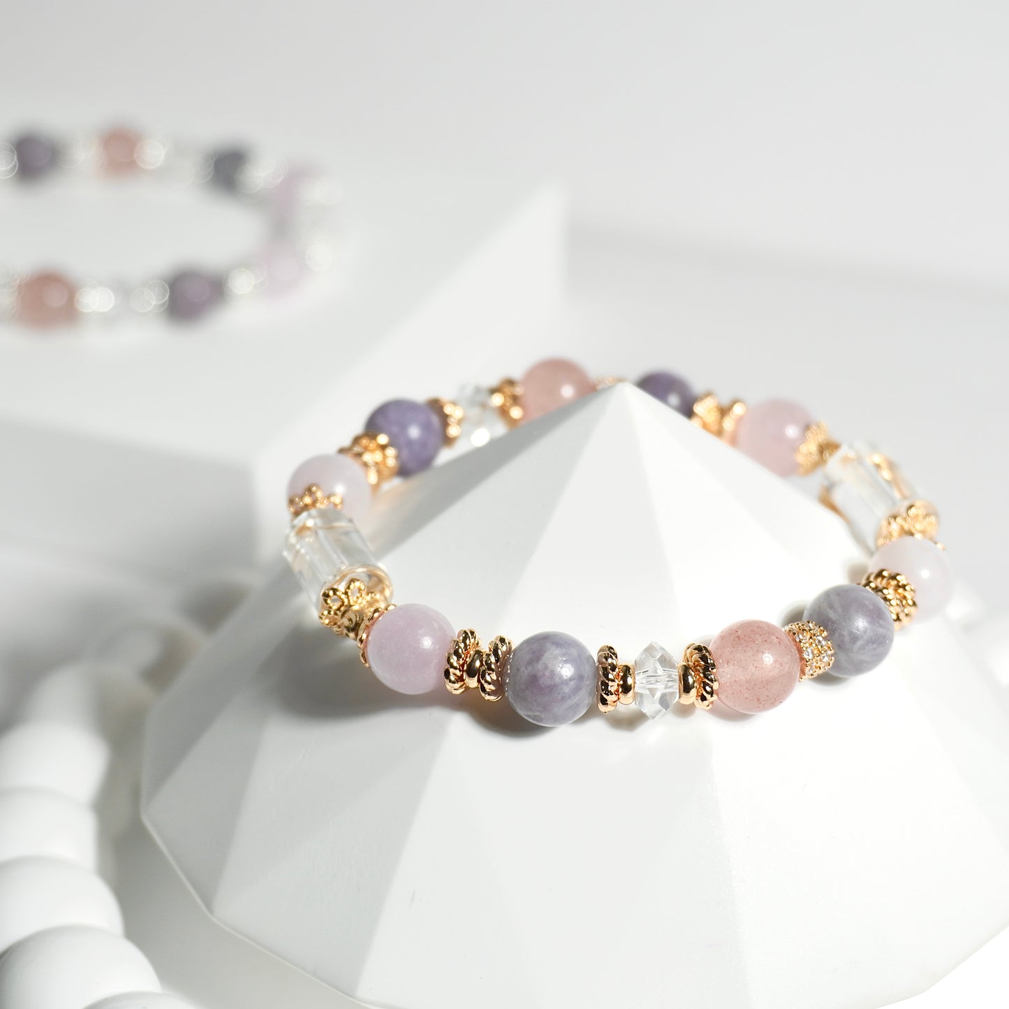 Clear Quartz, Kunzite, Purple Mica & Strawberry Quartz Crystal Bracelet