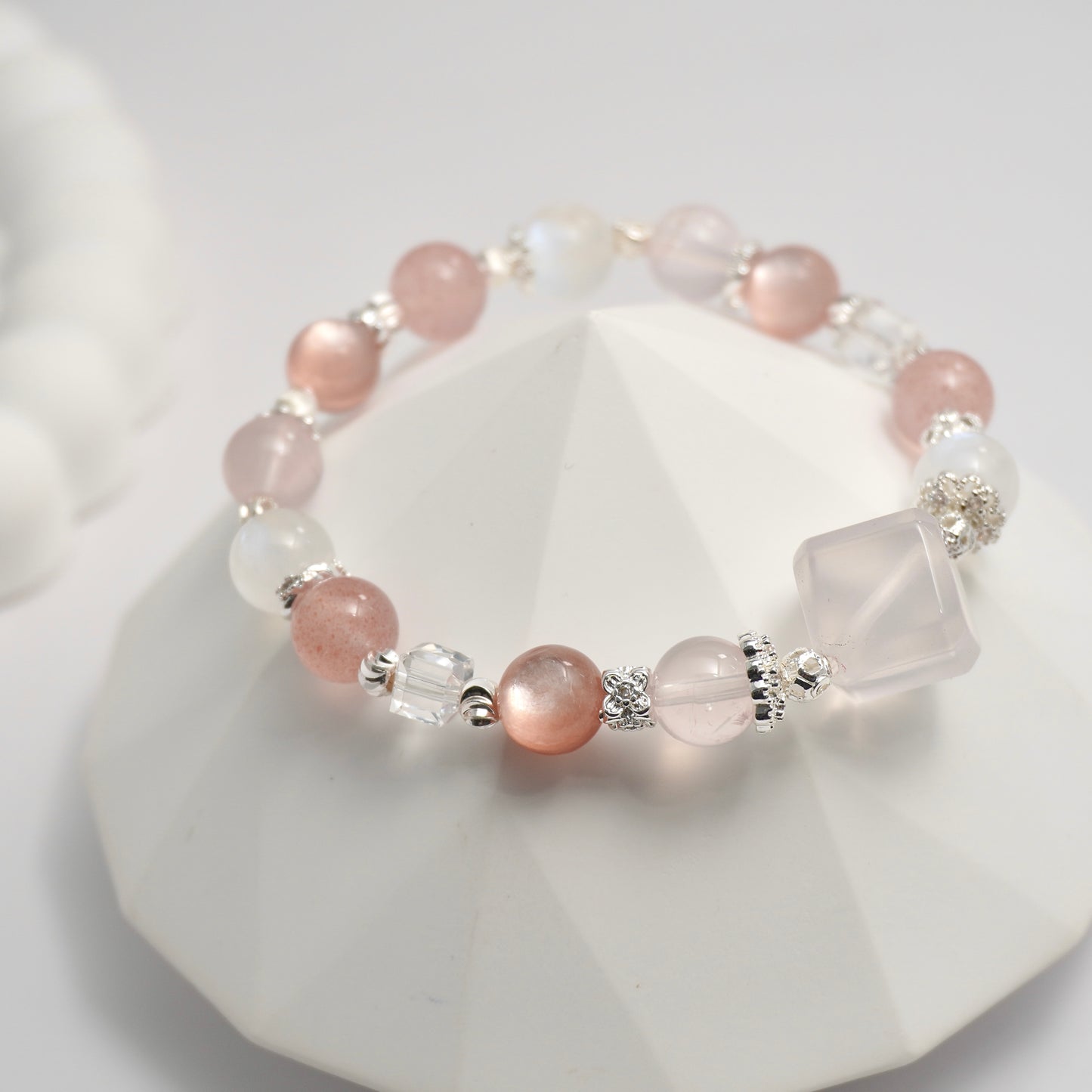 Rose Quartz, Moonstone, Strawberry Quartz, Clear Quartz, Pink Lepidolite Crystal Bracelet