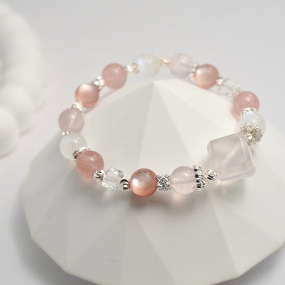 Rose Quartz, Moonstone, Strawberry Quartz, Clear Quartz, Pink Lepidolite Crystal Bracelet