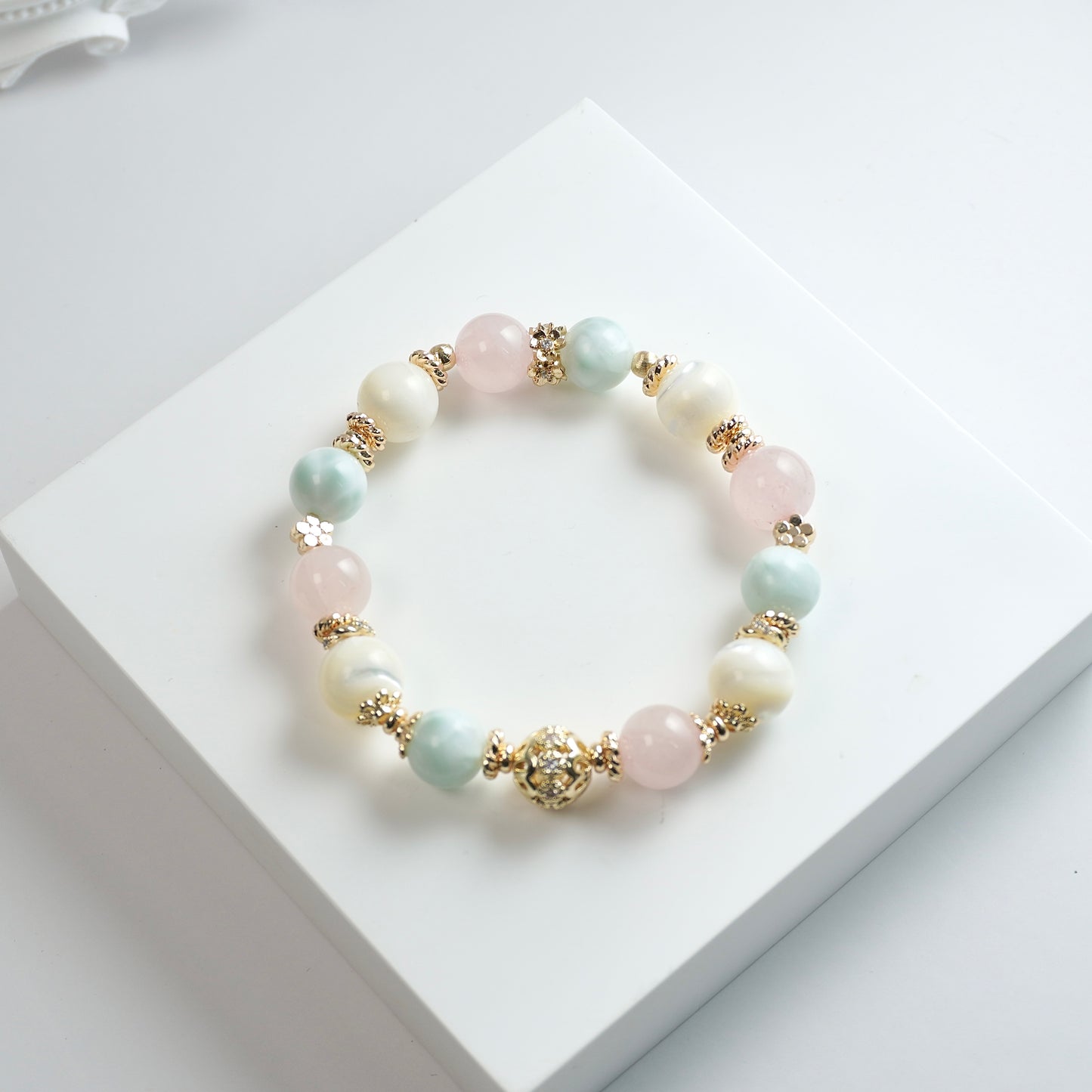 Harmony & Calmness | Rose Quartz, Shell bead & Green Angel Larimar Crystal Bracelet