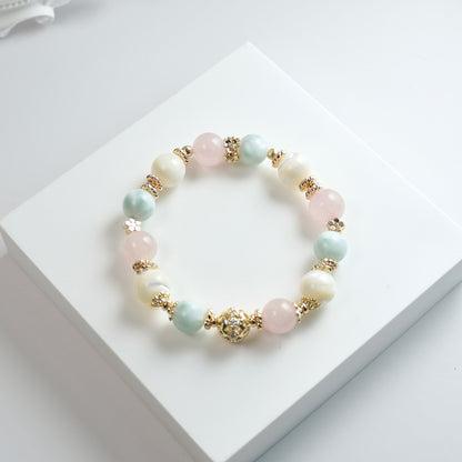 Harmony & Calmness | Rose Quartz, Shell bead & Green Angel Larimar Crystal Bracelet